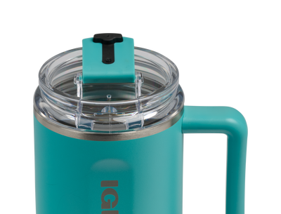 Close up lip lid open::Lagoon Teal::Leakproof Flip 'n' Sip lid