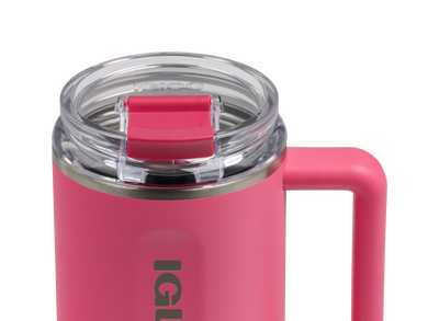 Closeup flip lid closed::Thrift Pink::Leakproof Flip 'n' Sip lid